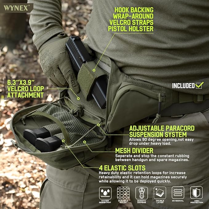 WYNEX Concealed Carry Fanny Pack Pistol Pouch Tactical Fanny Pack Handgun Pouch with Universal Pistol Holster CCW EDC Waist Pack of Adjustable Paracord Suspension System for Men