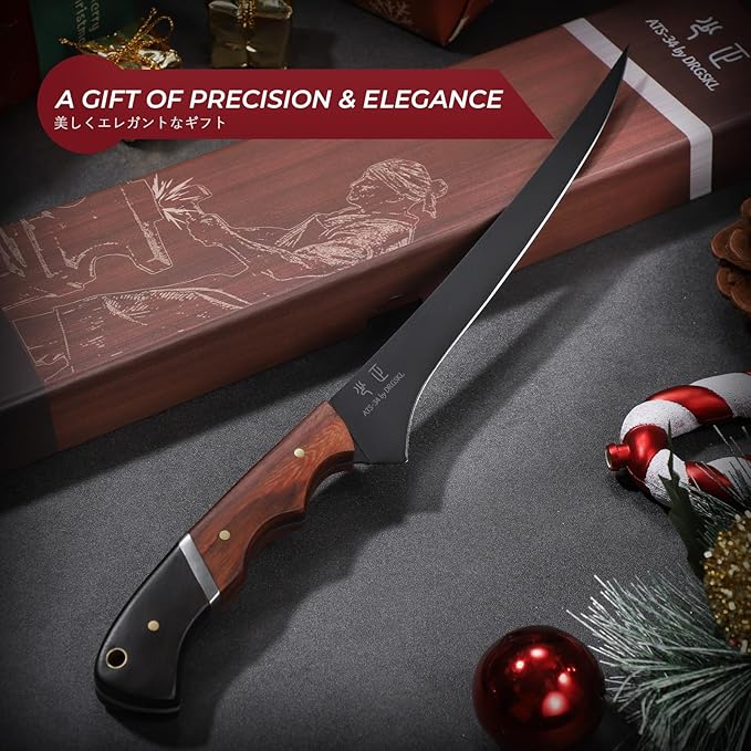Fish Fillet Knife 7inch - Black Meat Slicing Knife in High Carbon Steel Boning Knives for Meat Poultry Chicken Trimming Fish Knives with Wooden Handle Gift for Men