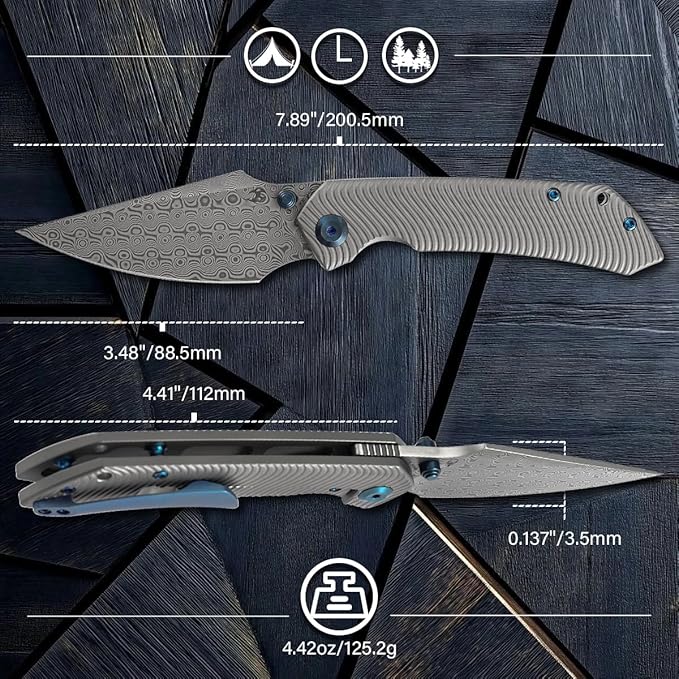 KANSEPT Fenrir Pocket Knife 3.48 Damascus Blade with Flipper and Thumb Stud Frame Lock for Camping Outdoor with Beadblasted Titanium Handle and Micro-Milled Water Ripple Texture K1034C4