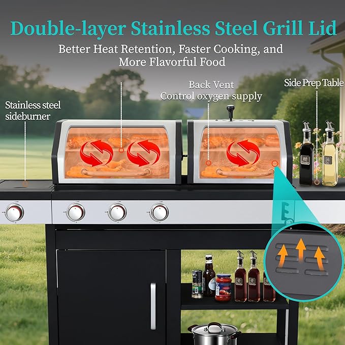 3 Burner Gas &amp Charcoal Combo Grill with Side Burner 39000 BTU Propane BBQ Grill Cast Iron Grates &amp Griddle Warming Rack Grease Tray Storage Cabinet 4 Wheels for Outdoor Patio