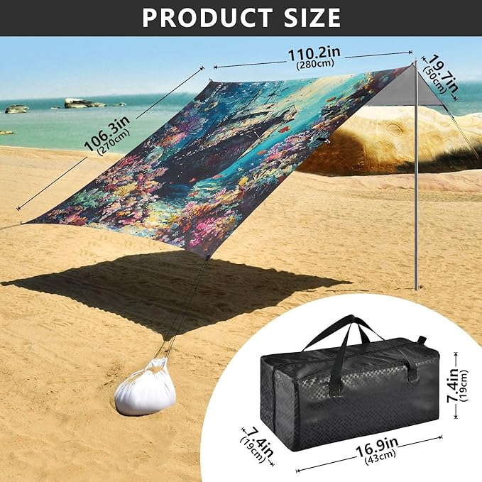 ALAZA Sunken Ship Coral in Sea Beach Tent Sun Shelter UPF50+ Protection Beach Shade Canopy w/ 4 Sandbags for Outdoor Camping Fishing Backyard Fun Picnic 10x9 ft