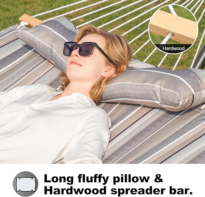 GAFETE Hammock 2 Person Quilted Fabric Hammocks for Outside Double 12ft Hammocks with Spreader Bar Large Removable Pillow Storage Bag Carabiners Max 475 lbs Capacity (Peace Dove Grey)