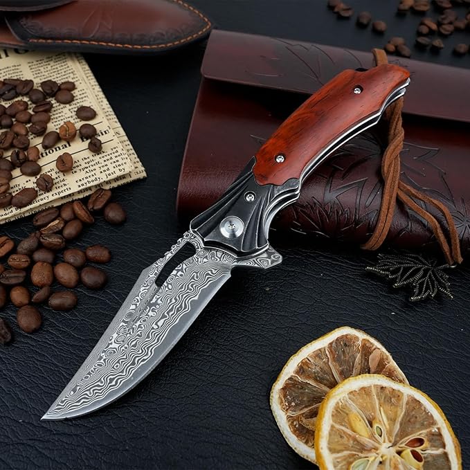 Zingbee Damascus Pocket Knife for Men Women Wood Handle Folding Knife with Sheath 3.15 Damascus Steel Blade Pocket Knives for Outdoor