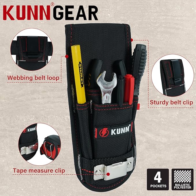 KUNN Single-Head Tactical Glove Clip Holder Work Glove Holder Clip for Tactical Backpack Tool Belt Hiking Bag Black +Tool Pouch with Belt Clip Utility Small Tool Organizer with Tape Measure Holder