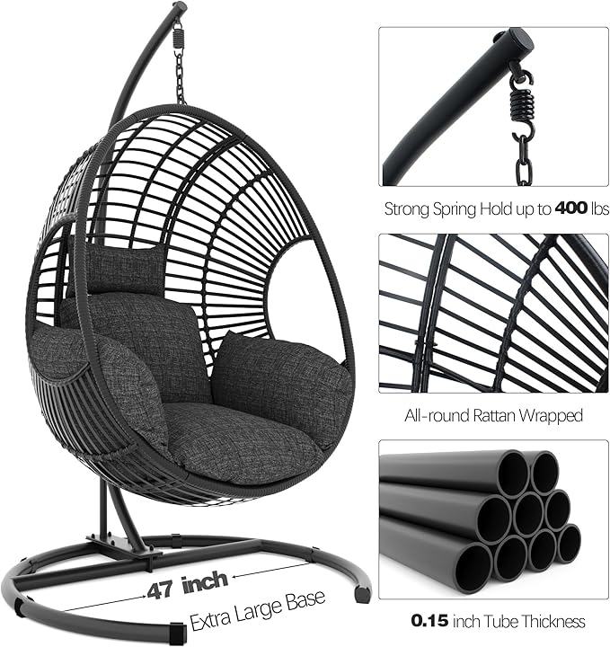 Oversized Hanging Egg Chair Outdoor Indoor Wicker Swing Egg Chair with Stand 400lbs Capacity for Bedroom Patio Garden and Balcony (Black-Regular Oversize)