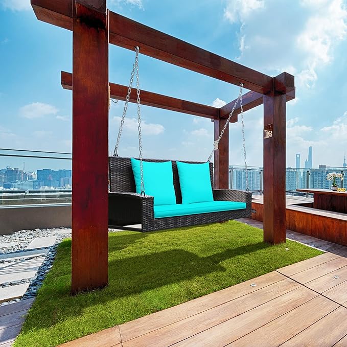 Tangkula 2-Person Wicker Hanging Porch Swing Patiojoy Outdoor Rattan Swing Bench W/ 2 Back Cushions &amp 1 Seat Cushion Sturdy Steel Chain 800lbs Weight Capacity Suitable for Deck Backyard Gard