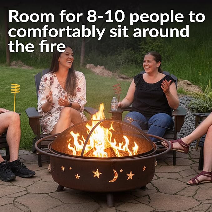 Sunnydaze Cosmic 42-Inch Large Outdoor Fire Pit - Wood-Burning Fire Pit with Round Spark Screen Poker and Built-in Grate