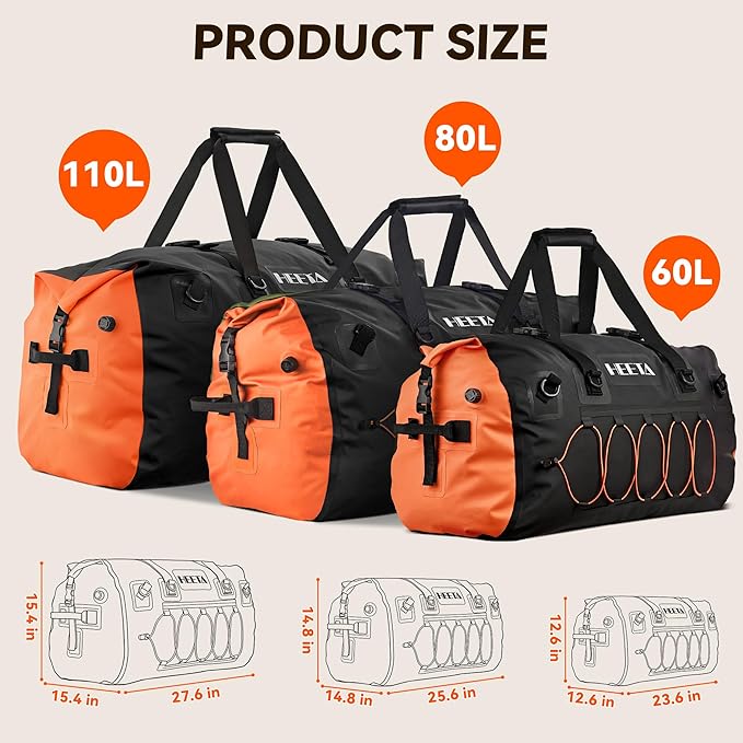 HEETA Waterproof Duffel Bag Motorcycle Dry Bag Backpack 60L/80L Extra Large Rolltop Travel Duffle Bags with Straps &amp Handles for Kayaking Rafting Boating Canoeing Camping Gym Beach Cruise Ship