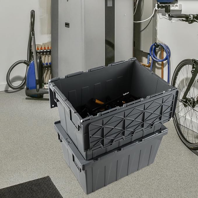15 Gallon Industrial Lockable Plastic Storage Tote with Hinged Attached Lid Commercial Flip Top Tote Storage Container Bin Tote for Transport and Warehouse Heavy Duty Gray 4 Packs
