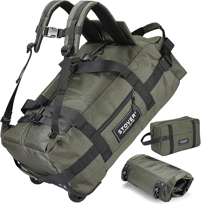 STOVER 45/80/100L Carry-On Rolling Duffel Bag with Wheels Medium Durable Travel Duffle w/Toiletry Bag Packable Foldable with Shoulder Straps- Use as Luggage or Backpack Men/Women (Green)