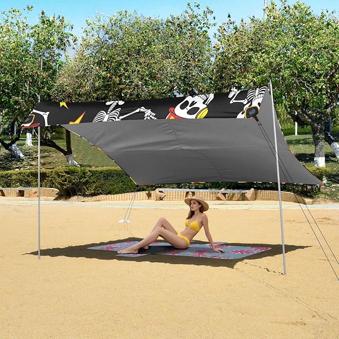 ALAZA Cool Skull Beach Tent Sun Shelter UPF50+ Protection Beach Shade Canopy w/ 4 Sandbags for Outdoor Camping Fishing Backyard Fun Picnic 10x9 ft