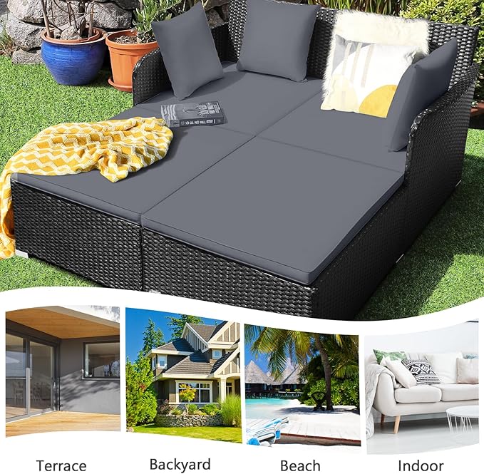 Tangkula Outdoor Rattan Daybed Wicker Furniture with Spacious Seat Upholstered Cushion &amp High-Resilience Sponge Patio Sofa Set with 4 Pillows 2-Person Sunbed for Poolside Backyard Garden &amp