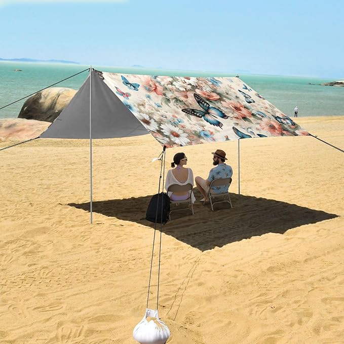 Artistic Butterfly Flowers Beach Tent Sun Shelter Set UPF50+ UV Protection 10.5 x 9.19 FT Camping Shade Canopy with Sandbags Sand Anchors Carrying Bag and Others