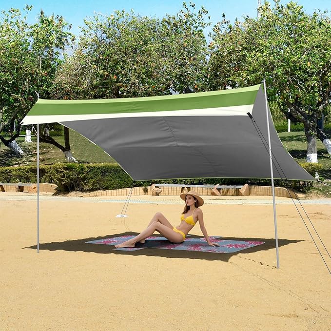 ALAZA Bright Green White and Khaki Stripes Beach Tent Sun Shelter Portable Canopy Sunshade for Outdoor Camping Picnics Backyard Fun 10x9 ft