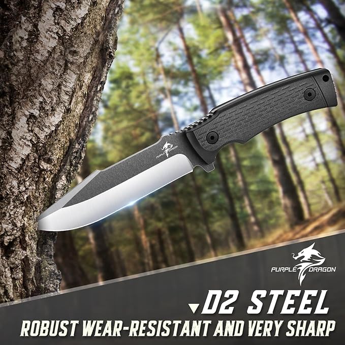 Purple Dragon Black Fixed Blade Outdoor Knife Made from a Single Piece of D2 Steel G10 Handle with Kydex Sheaths for Outdoor Activities and Camping Gifts for Men