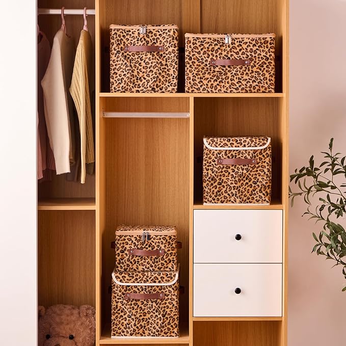 4PCS Storage Cubes with Zipper Lid 11 Inch Leopard Print Velvet Fabric Cute Decorative Storage Bins Boxes PU Leather Handles Closet Organizer Container Foldable Washable Shelf Basket