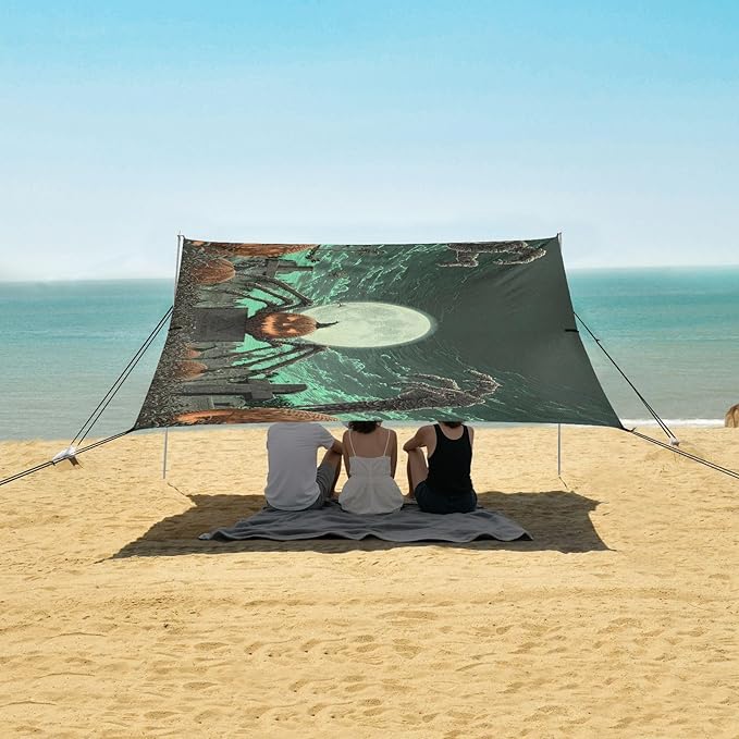 ALAZA Pumpkin Mummy Halloween Beach Tent Sun Shelter UPF50+ Protection Beach Shade Canopy w/ 4 Sandbags for Outdoor Camping Fishing Backyard Fun Picnic 10x9 ft
