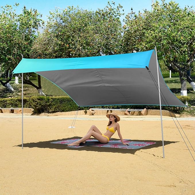Light Blue Gradient Foldable Beach Cabana UPF50+ Protection Easy Setup Large Sun Shelter Includes Sand Shovel Sandbags Stability Poles for Family Trips Picnics &amp Camping