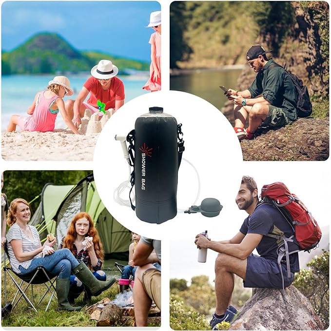Camping Shower Bag – 12L PVC Black Foldable Water Container Showerhead Hose Assembly Solar Warm Supply | Perfect For Outdoor Adventure Washing Backpacking Hygiene Routine Road Trip Cleaning Setup