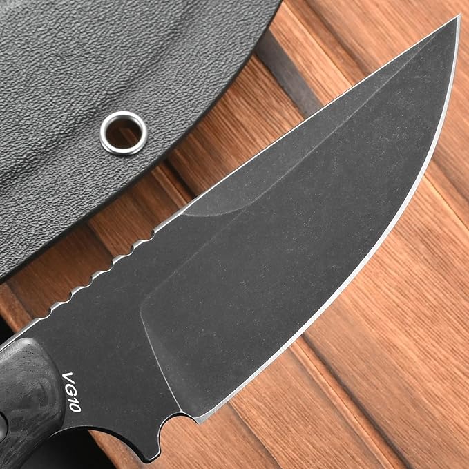 FF113 VG10 Black Stonewashed Steel Fixed Blade Knife Carbon Fiber Handle Full Tang Knife with Sheath for Outdoor Camping Hunting Working (Black)