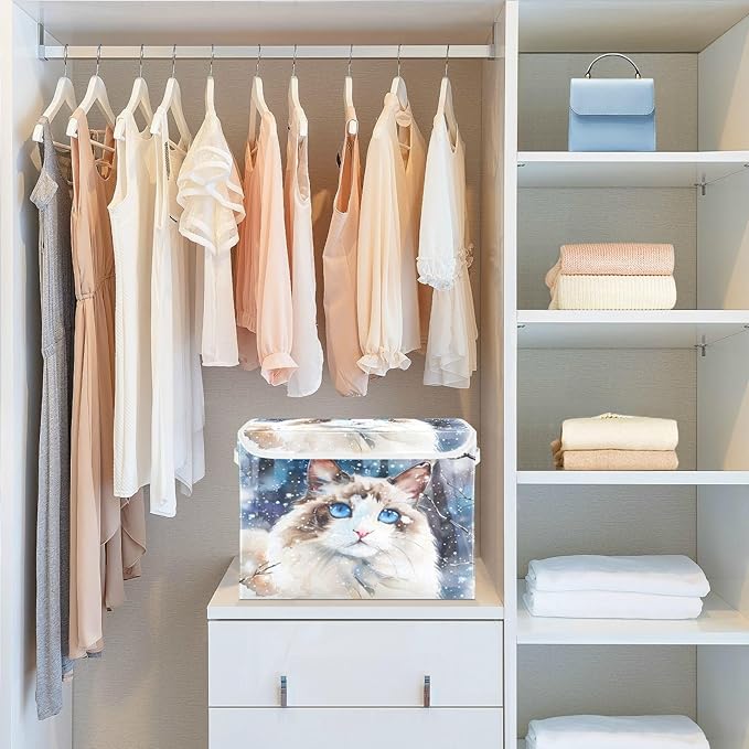 senya Winter Baskets Collapsible Storage Bins with Lids Ragdoll Cat in The Snow Storage Boxes Clothes Baskets for Organizing