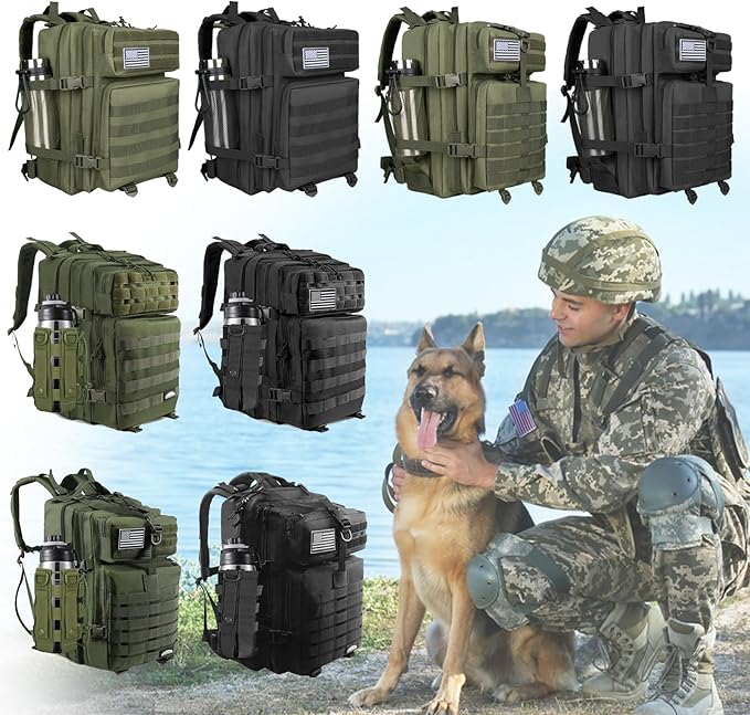 45L Military Tactical Backpacks For Men Camping Hiking Trekking Daypack With Removable Water Bottle Pouch Bug Out Bag Lage MOLLE 3 Day Assault Pack - Balck Army Pack