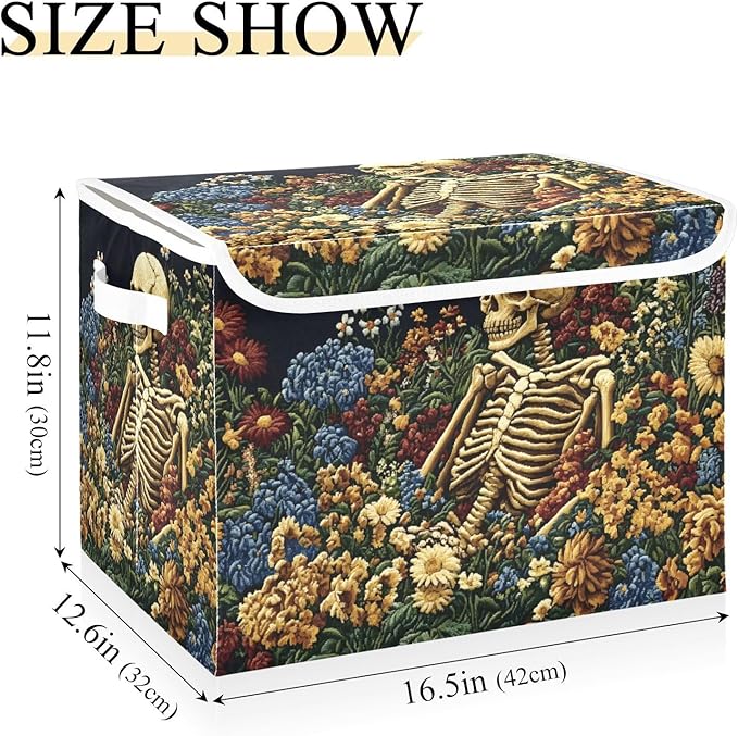 Storage Cube with Lid Art Skull Floral Print 16.5×12.6×11.8 IN Collapsible Large Capacity Foldable Storage Basket Bin Organizer