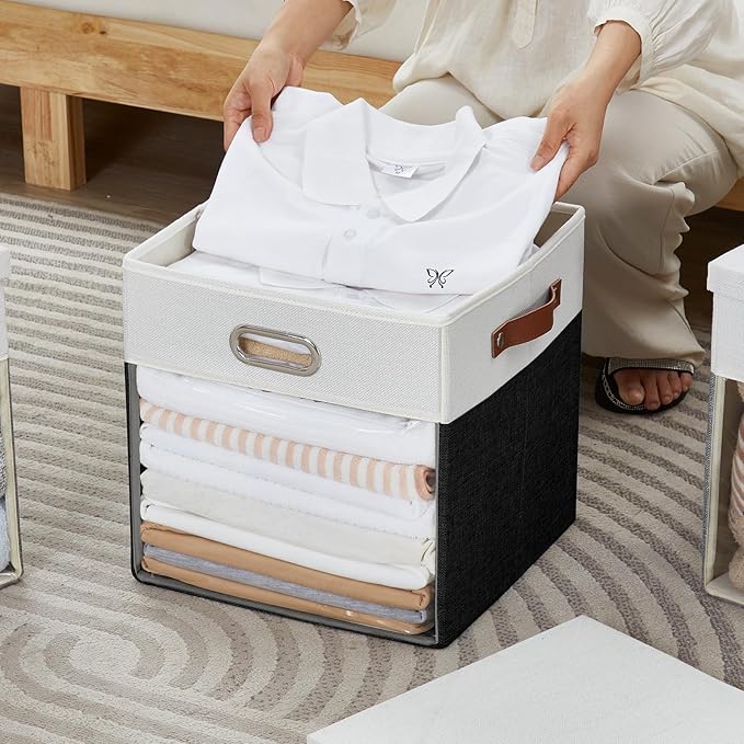 Fabric Storage Cubes with Clear Windows and Lids 13'' Foldable Storage Bins with 3 Handles Decorative Storage Boxes for Home Bedroom Closet Office (Balck &amp White)