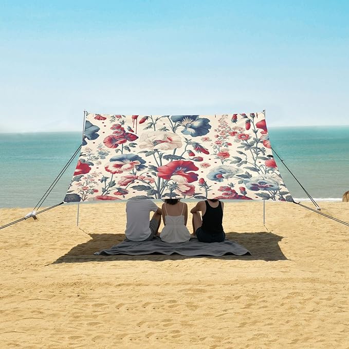 Sweet Pea Flowers Beach Tent Sun Shelter Set UPF50+ UV Protection 10.5 x 9.19 FT Camping Shade Canopy with Sandbags Sand Anchors Carrying Bag and Others