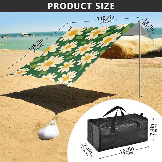 ALAZA 70s Vintage Daisy Floral Beach Tent Sun Shelter Portable Canopy Sunshade for Outdoor Camping Picnics Backyard Fun 10x9 ft