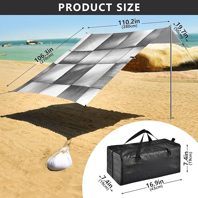 Silver Checked Hand-Drawn Sketch Beach Cabana UPF50 Easy Setup Portable Sun Shelter with Sandbags Sand Shovel Poles for Backyard and Camping