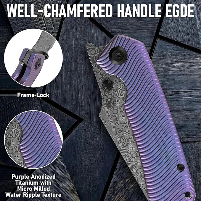 KANSEPT Fenrir Pocket Knife 3.48 Damascus Blade with Flipper and Thumb Stud Frame Lock for Camping Outdoor with Purple Anodized Titanium Handle and Micro-Milled Water Ripple Texture K1034C5