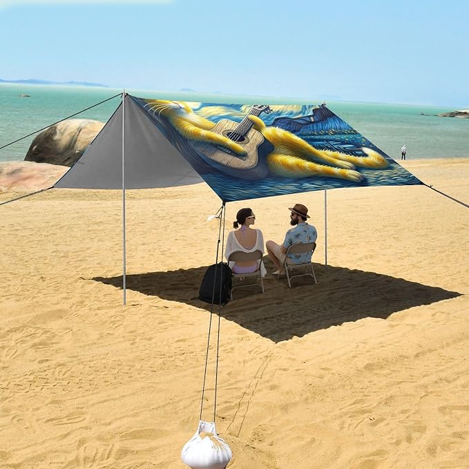 Starry Night Guitar Cat Beach Tent Sun Shelter Set UPF50+ UV Protection 10.5 x 9.19 FT Camping Shade Canopy with Sandbags Sand Anchors Carrying Bag and Others