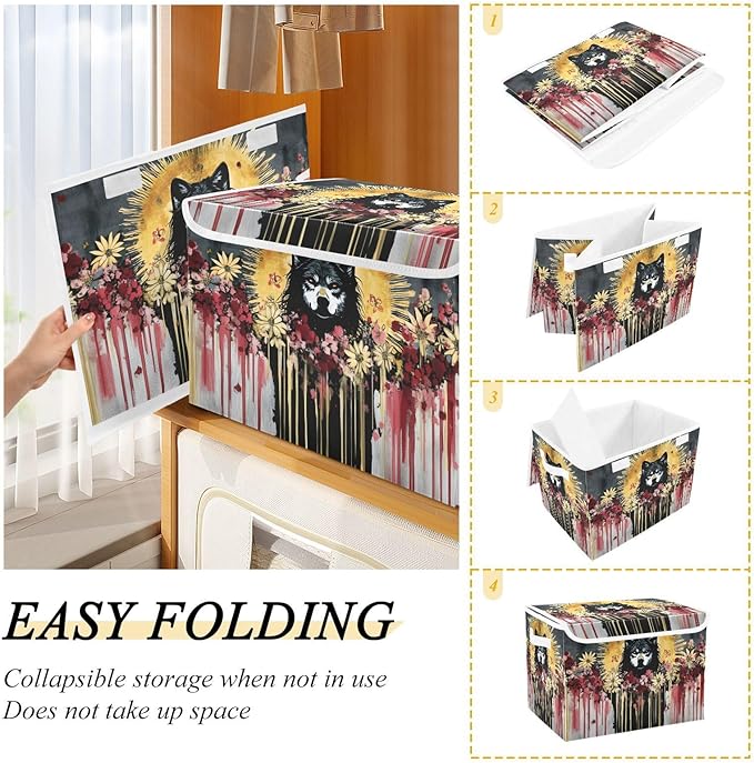 Storage Cube with Lid Tribal Style Wolf Print 16.5×12.6×11.8 IN Collapsible Large Capacity Foldable Storage Basket Bin Organizer
