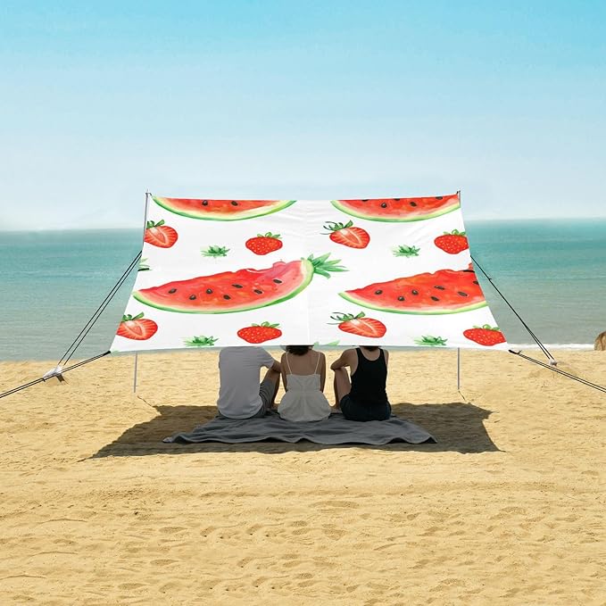 Beach Canopy with Windproof Ropes &amp Sandbags Beach Tent Sun Shade Sun Shelter for Camping Trips Fishing Backyard Fun or Picnics Watermelon
