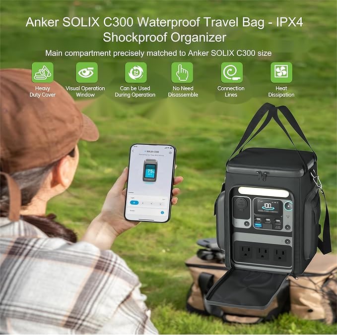 Waterproof Travel Bag for Anker SOLIX C300 - IPX4 Rated Shockproof Organizer With Two Pockets and Adjustable Strap for Anker SOLIX C300 Portable Power Station