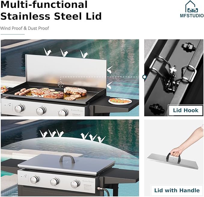 MFSTUDIO Flat Top Grill with Ceramic Coated Cast Iron Griddle 3-Burner Propane Gas BBQ Griddle Grill Outdoor Barbecue Grill33000 BTUBlack