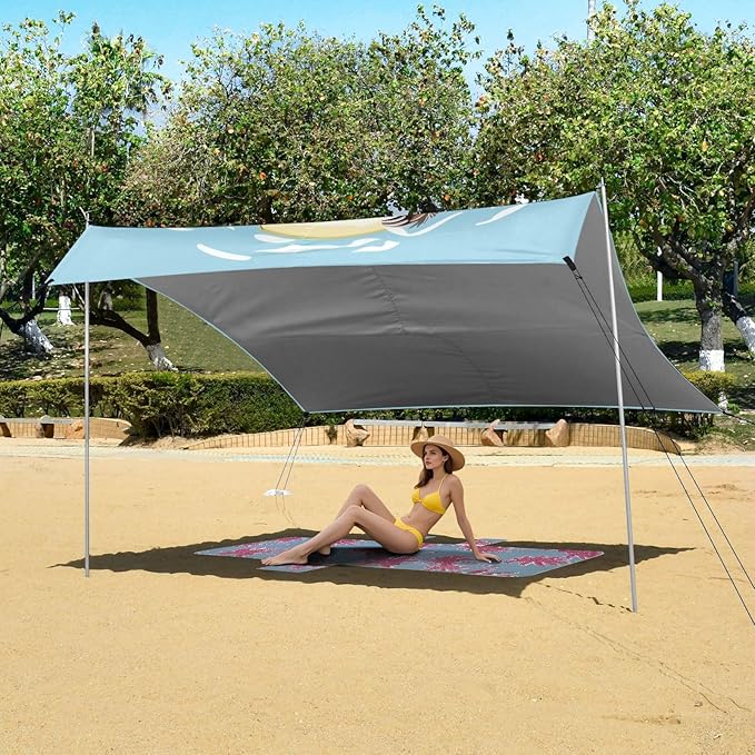 ALAZA Sloth Swimming Ring Beach Tent Sun Shelter UPF50+ Protection Beach Shade Canopy w/ 4 Sandbags for Outdoor Camping Fishing Backyard Fun Picnic 10x9 ft