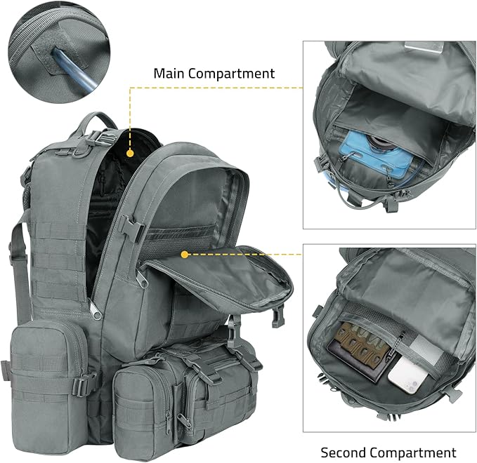 CVLIFE Tactical Backpack Military Army Rucksack 60L Large Assault Pack Detachable Molle Bag Grey