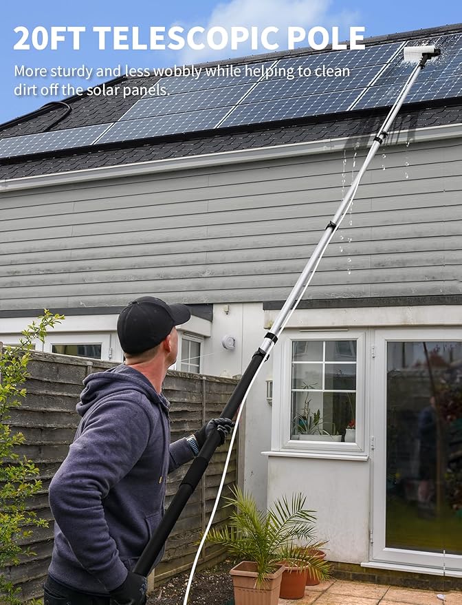 Solar Panel Cleaning Brush and Pole 20FT Electric Cleaning Roller Brush with Telescopic Water Fed Pole 100Mins Runtime 2 Spin Speeds Outdoor Window Cleaning System for Solar Panel Window Roof