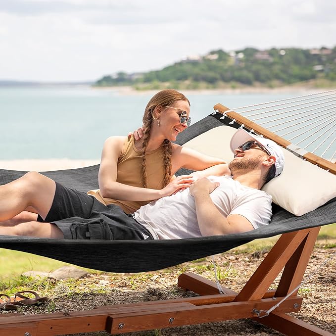 SUNCREAT Hammocks for Outside with Stand Balance Ropes Two Person Hammock for Poolside Backyard Garden Patio Dark Gray
