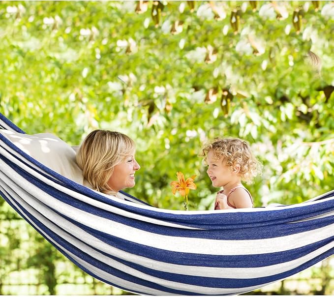 Chihee Cotton Hammock Holds Up to 660lbs Fabric Hammock 8.9x4.9ft Soft Portable Tree Hammocks Camping with Detachable Spreader Bar Pillow 2 Strong Webbings 2 Carabiners Indoor Outdoor Backyard Garden