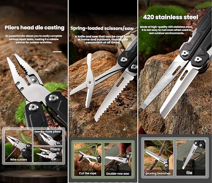 Multi Tool 19-in-1 Full-Size Lightweight EDC Multi-Purpose Pliers Camping Knives &amp Tools Nylon Bag Tactical Gear Mens Gifts Ideas Gifts for Hunters Men who have Everything (Black）