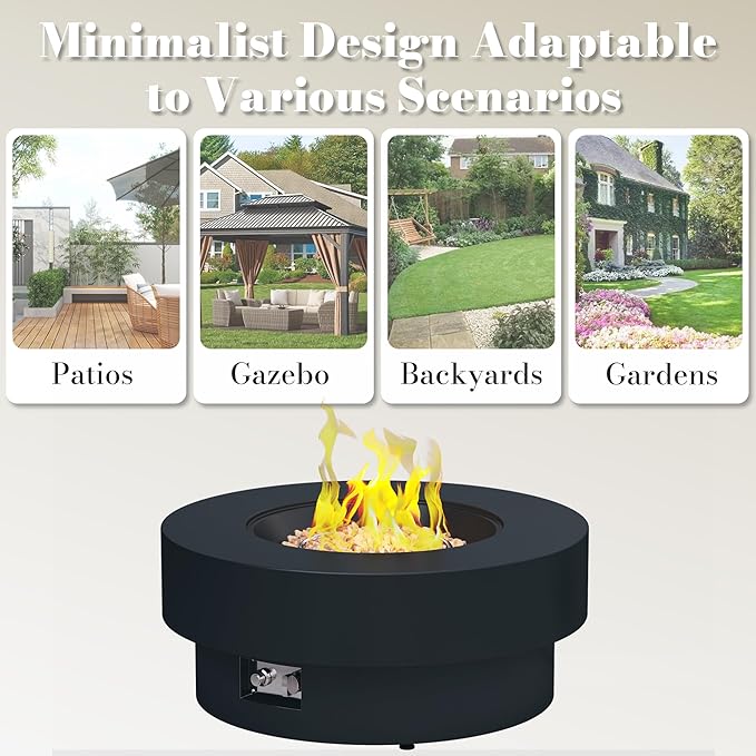 32.5 Inch Propane Fire Pit Table 50000 BTU Round Patio Fire Pit Table Outdoor CSA Certified Stainless Burner with Steel Lid Waterproof Cover &amp Lava Rocks for Backyard Garden Black