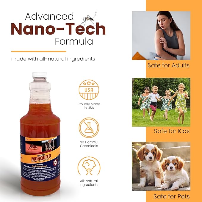 Natural Mosquito Control Spray Concentrate Repels Mosquitoes Ticks Fleas Flies Gnats and Chiggers Away. Makes up to 32 Gallons! (32 oz Concentrate)