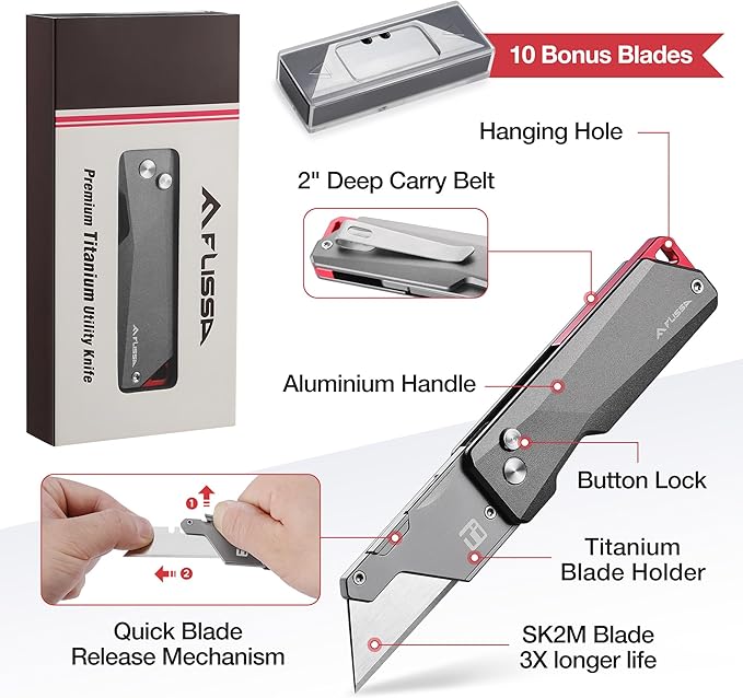 FLISSA Advanced Titanium Utility Knife CNC Unibody Lightweight All Metal Folding Box Cutter Quick Change Blade Razor KnifeIdeal Gifts for Men Women with 10 Extra Blades