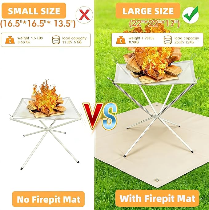 Portable Fire Pit for Camping22 inch Outdoor Folding Fireplace with Heat Resistant Firepit Mat &amp Carrying BagUpgrade 304 Stainless Steel Mesh BBQ Fire Bowl for PicnicsCampfireBackyardGarden