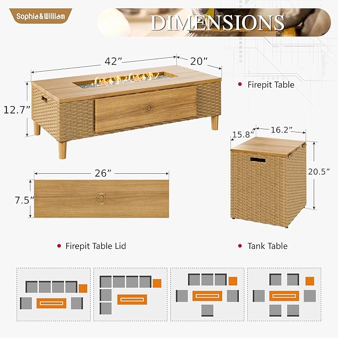 Sophia &amp William 42 Inch Outdoor Propane Gas Fire Pit Table Patio Rattan Rectangular Fire Table with Tank Cover Table 50000 BTU Firepit Table for Outside Patio with Fire Glass Lid