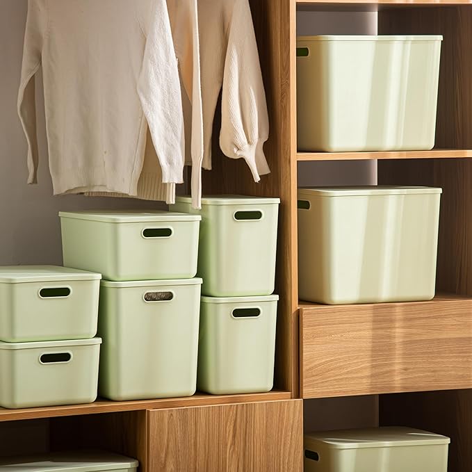 5 pack large plastic White storage bins with Lids Toy Box Chest with HandleOrganizer Containers Baskets for BabyNurseryShelvesPlayroom BedroomOfficeClosethome (Light Green 5L)