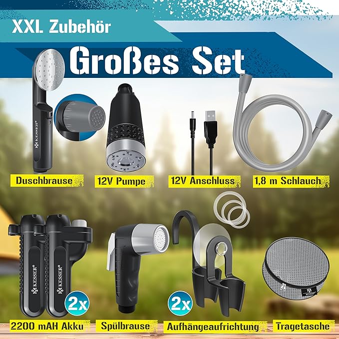 KESSER Camping Shower with Battery | Submersible Pump | Shower Head | 2 x 2200 mAh Lithium Batteries USB Charging Cable for Camping Garden Car